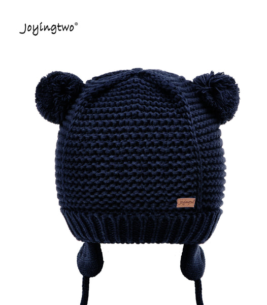 Joyingtwo Warm Knit Cotton Adorable Baby Infant Beanie Hat with Ear Flap Pom-Pom Navy blue