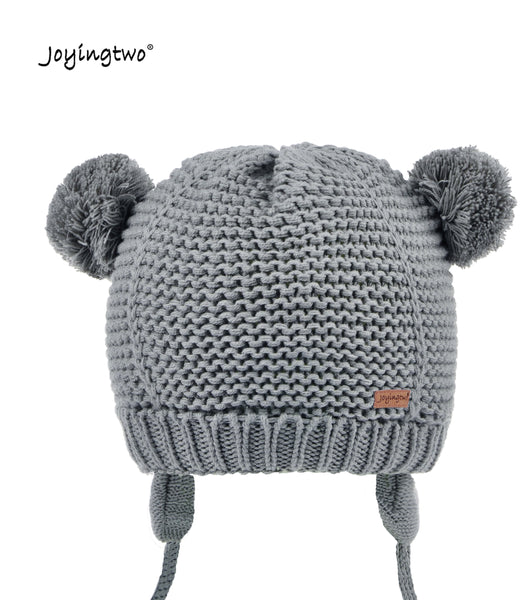 Joyingtwo Warm Knit Cotton Baby Infant Beanie Hat with Ear Flap Pom-Pom Gery